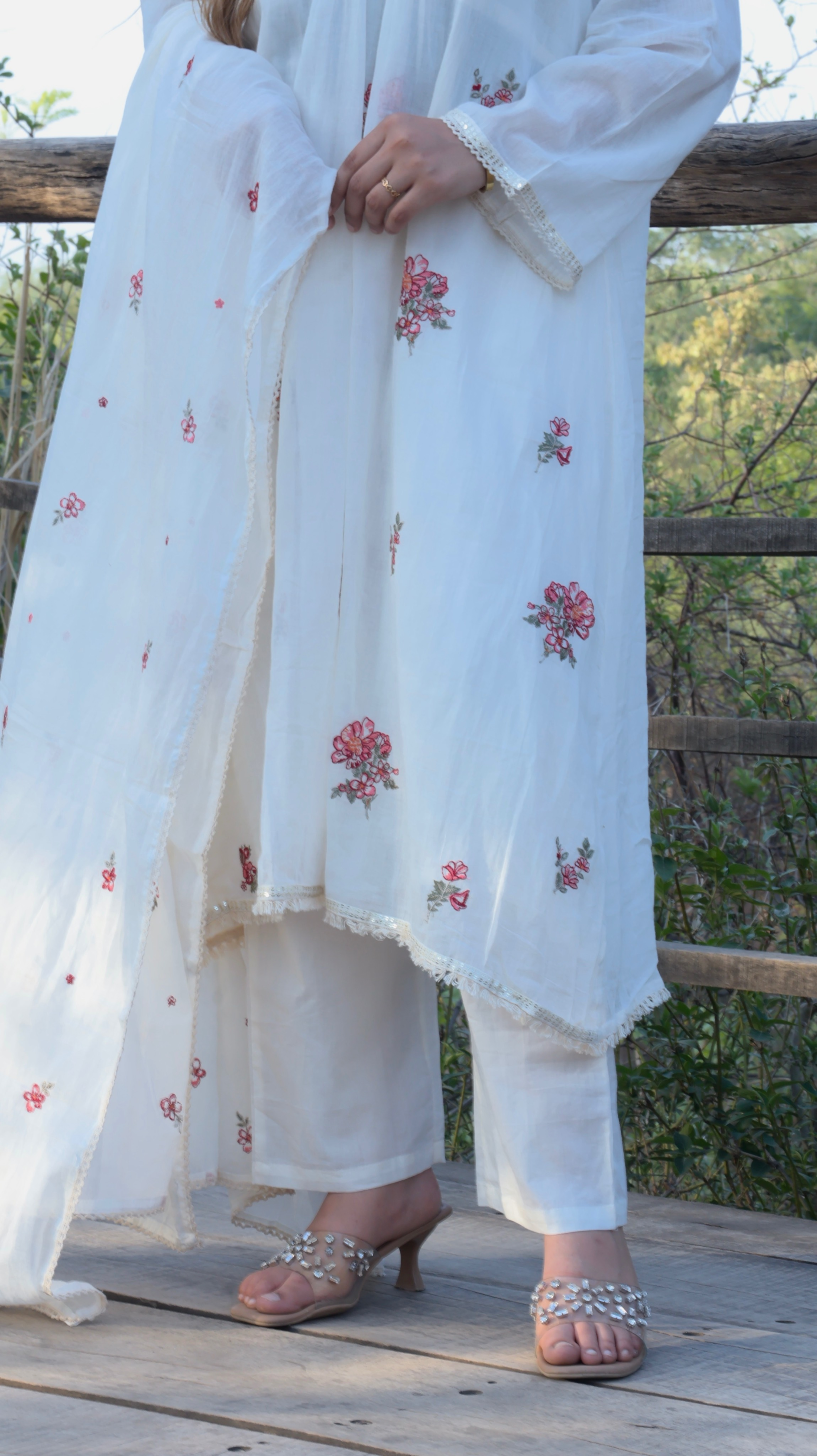 Pearl White Mul Chanderi Circular Suit Set Bottom view by Jiashaanti