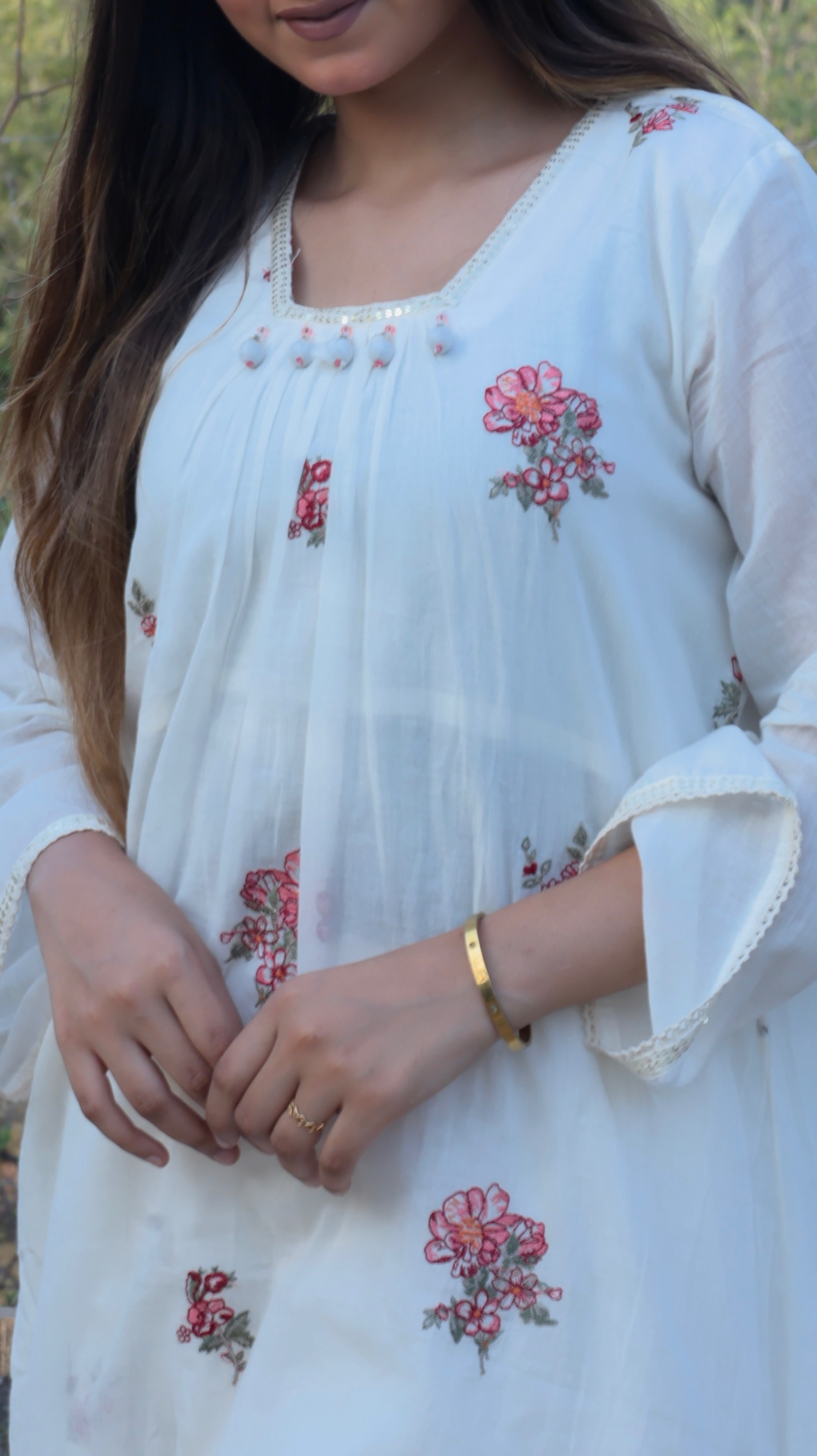 Pearl White Mul Chanderi Circular Suit Set front close view by Jiashaanti