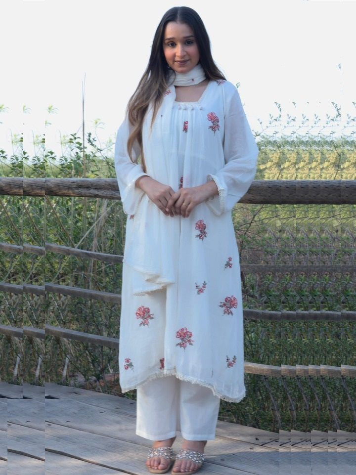 Pearl White Mul Chanderi Circular Suit Set front view by Jiashaanti