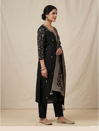 Exquisite Black Stitched Suit Set side view showcasing graceful silhouette, detailed craftsmanship and timeless black color