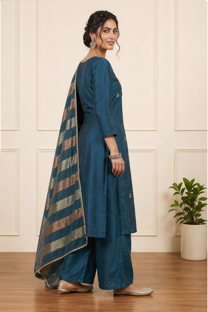 Regal Satin Silk Elegance Suit Set side view showcasing smooth satin silk texture, refined detailing and elegant silhouette