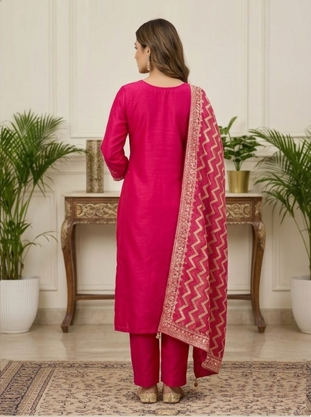 Luxe Chanderi & Zardosi Opulent Stitched Suit Set back view highlighting fine craftsmanship, elegant drape and premium Chanderi fabric