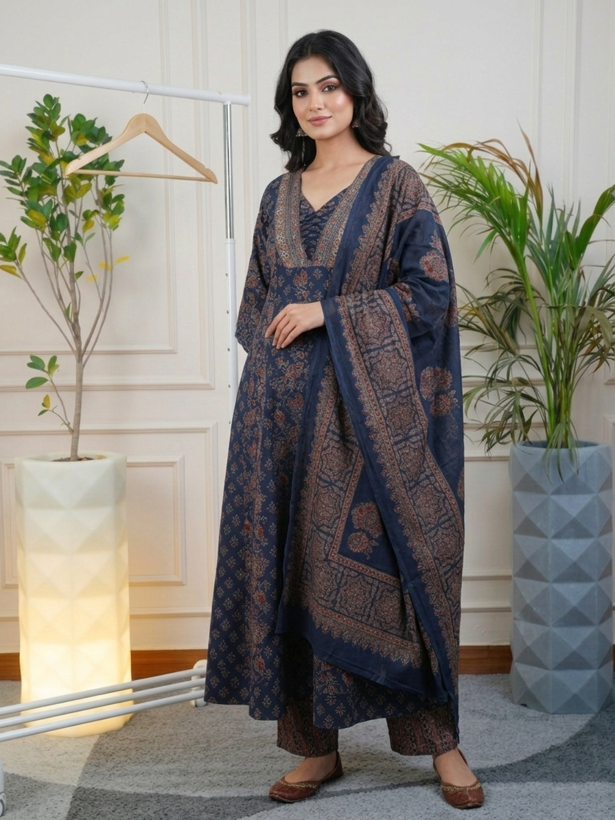 Prussian Blue Screen Print Stitched Suit Set front view featuring bold Prussian blue color, elegant screen print pattern and premium stitched fabric | Jiashaanti