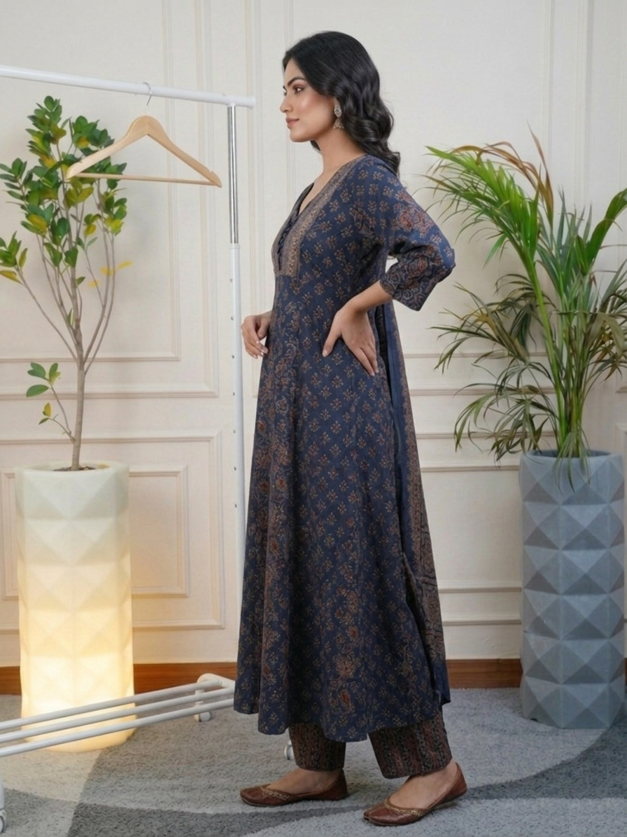 Prussian Blue Screen Print Stitched Suit Set side view highlighting rich Prussian blue tone, elegant print work and flowing premium fabric | Jiashaanti