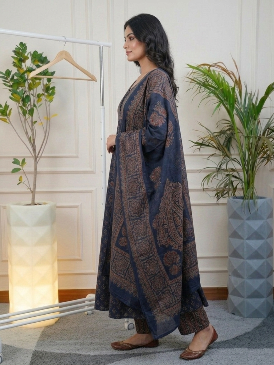 Prussian Blue Screen Print Stitched Suit Set side view highlighting rich Prussian blue tone, elegant print work and flowing premium fabric | Jiashaanti