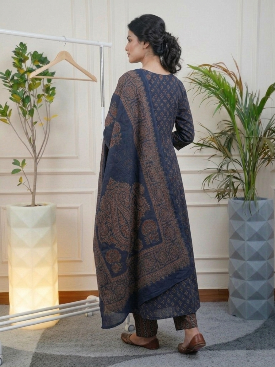 Prussian Blue Screen Print Stitched Suit Set back view showcasing intricate screen print detailing, deep blue hues and graceful ethnic silhouette | Jiashaanti

