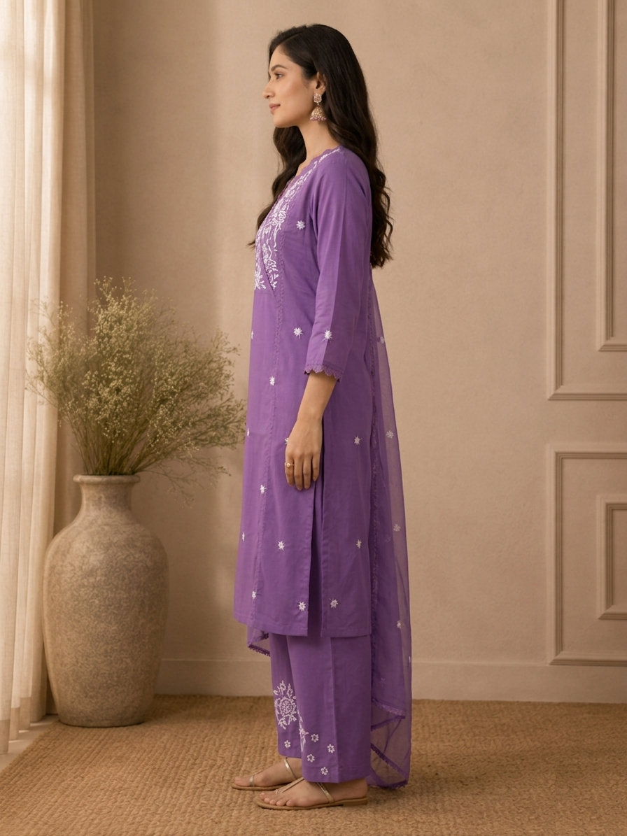 Side view of purple Chikankari-inspired embroidered kurta showing delicate threadwork detailing and relaxed structured silhouette