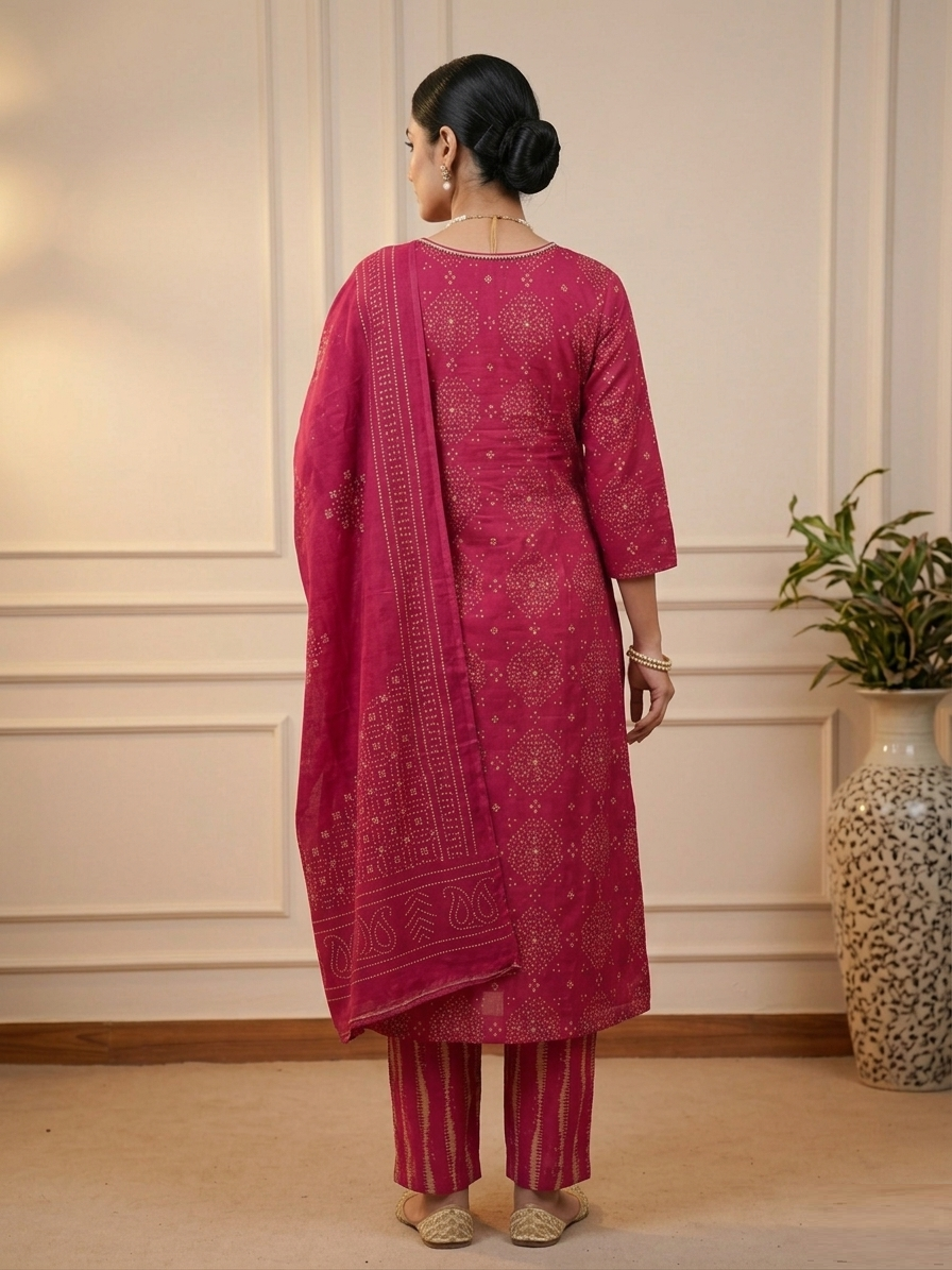 Bandhni stitched ethnic suit set for women — back view highlighting colorful Bandhani tie-dye print, dupatta drape and festive occasion styling