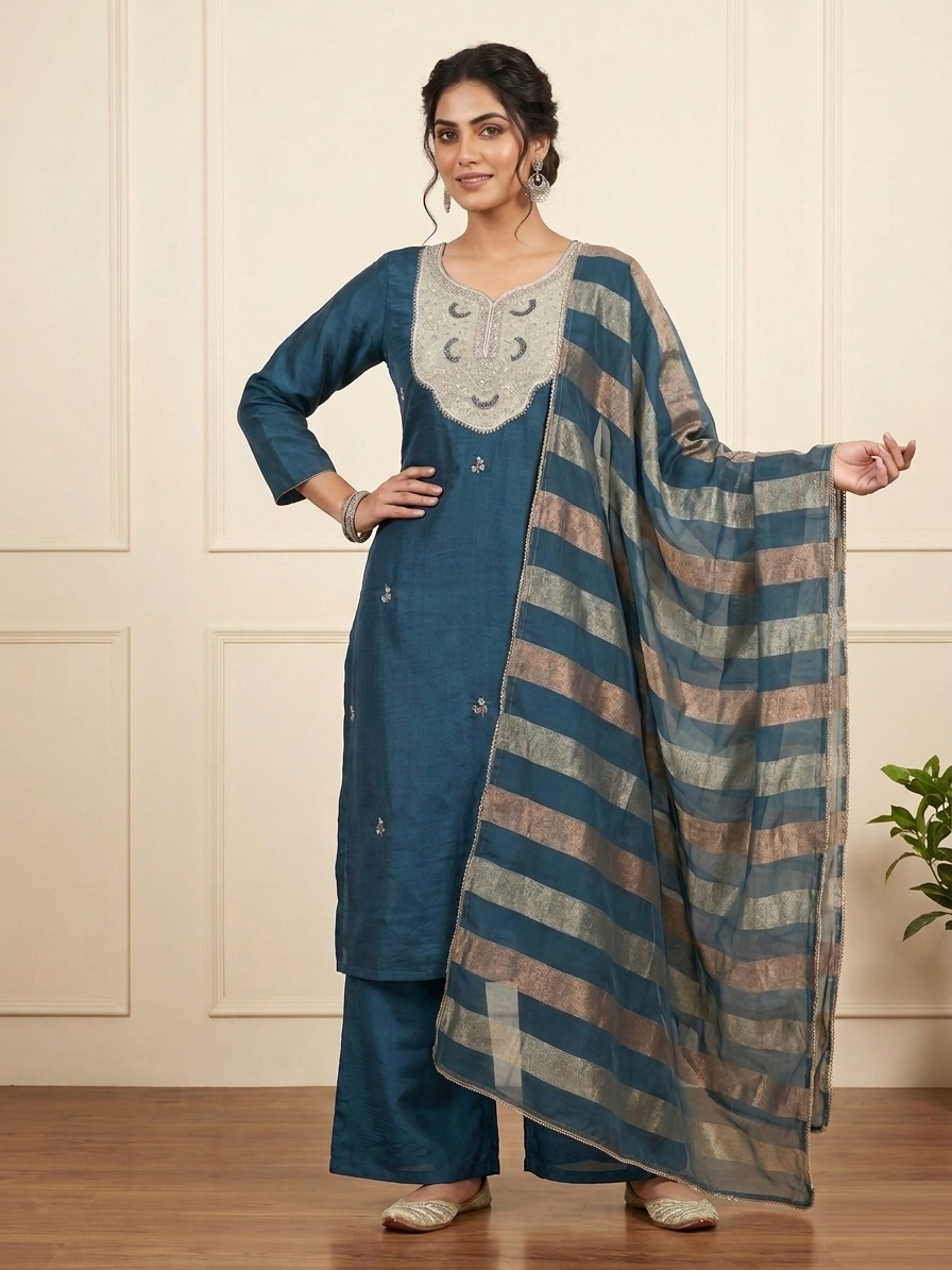 Regal Satin Silk Elegance Suit Set front view featuring luxurious satin silk fabric, elegant embroidery and graceful ethnic design