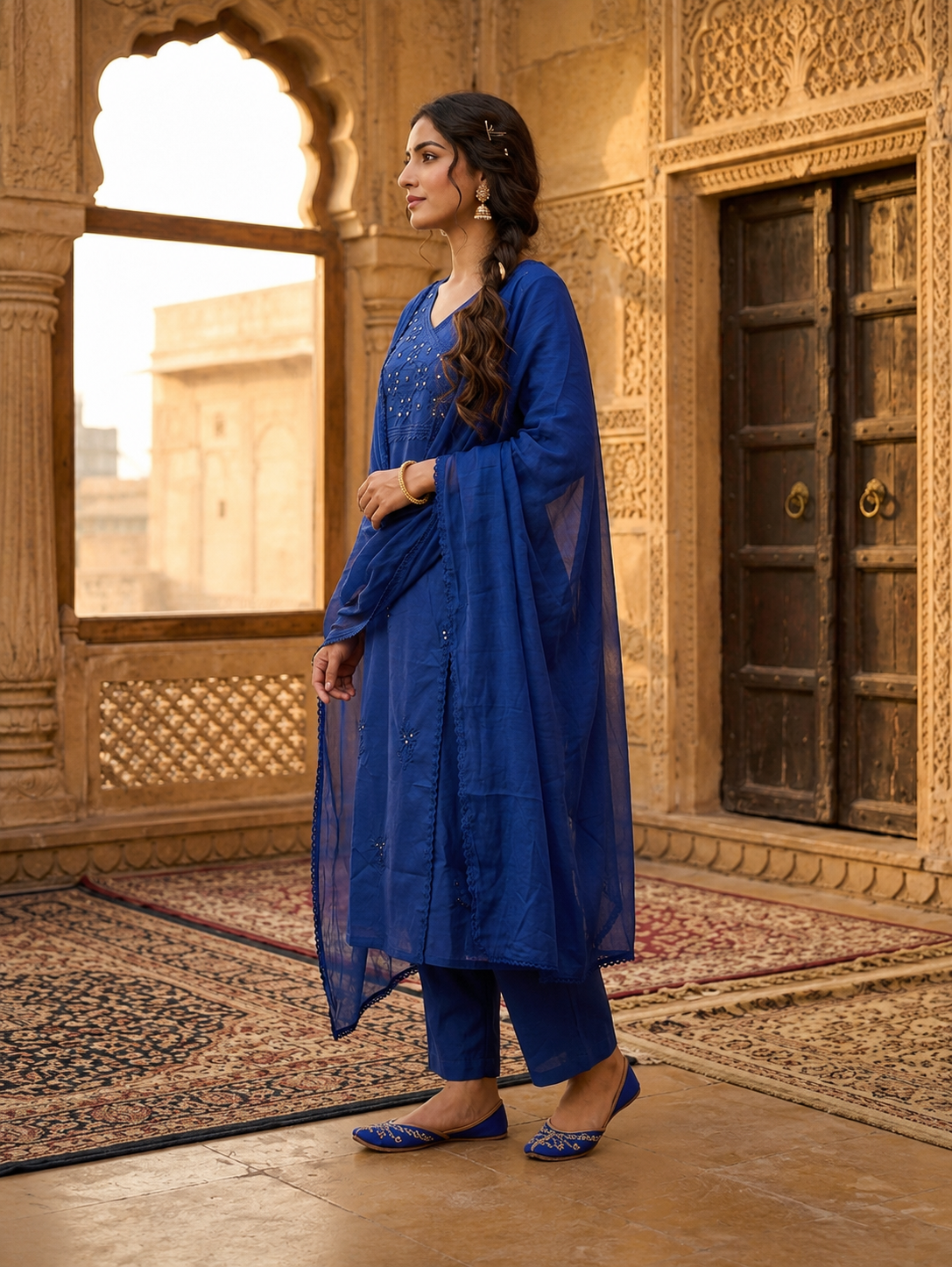 Side view of royal blue cotton-silk faux-angrakha kurta showing diagonal overlap panel embroidered border and relaxed structured silhouette