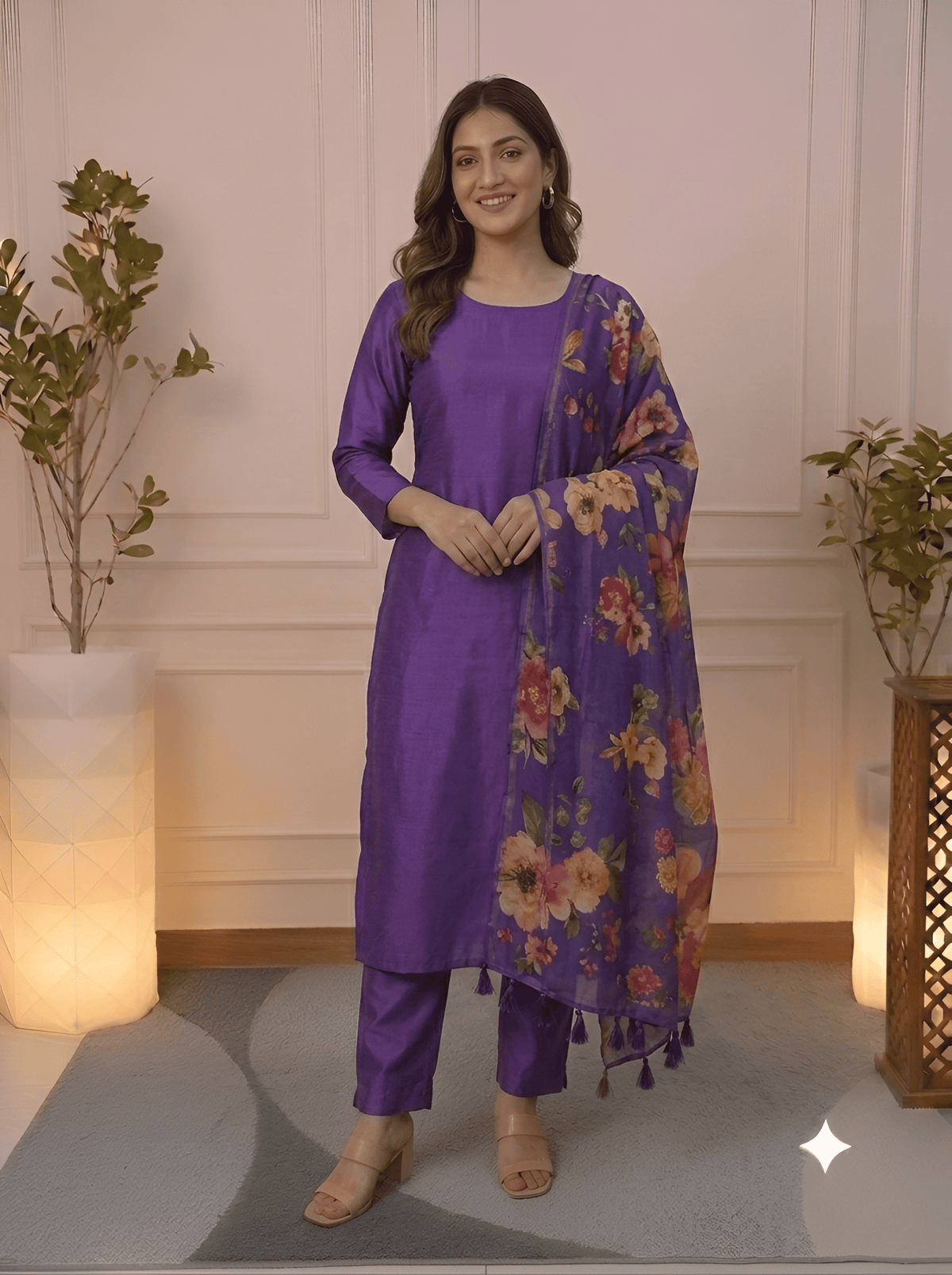 Royal Purple Floral Unstitched Suit Set online at Jiashaanti. 