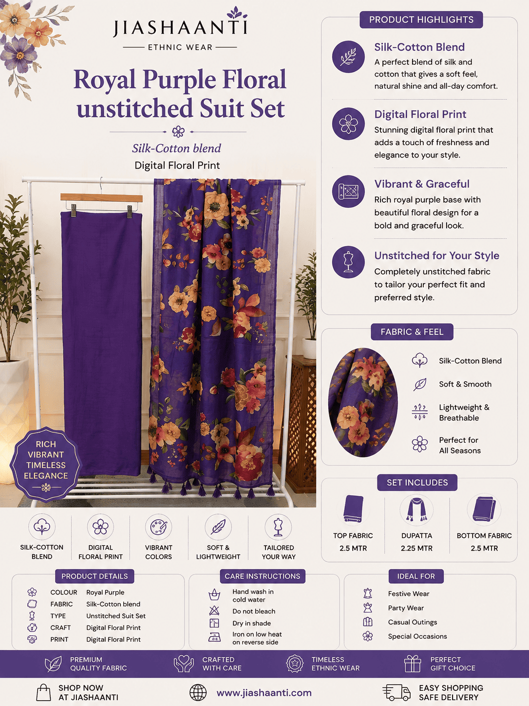 Royal Purple Floral Suit Set Fabric Texture – Jiashaanti
