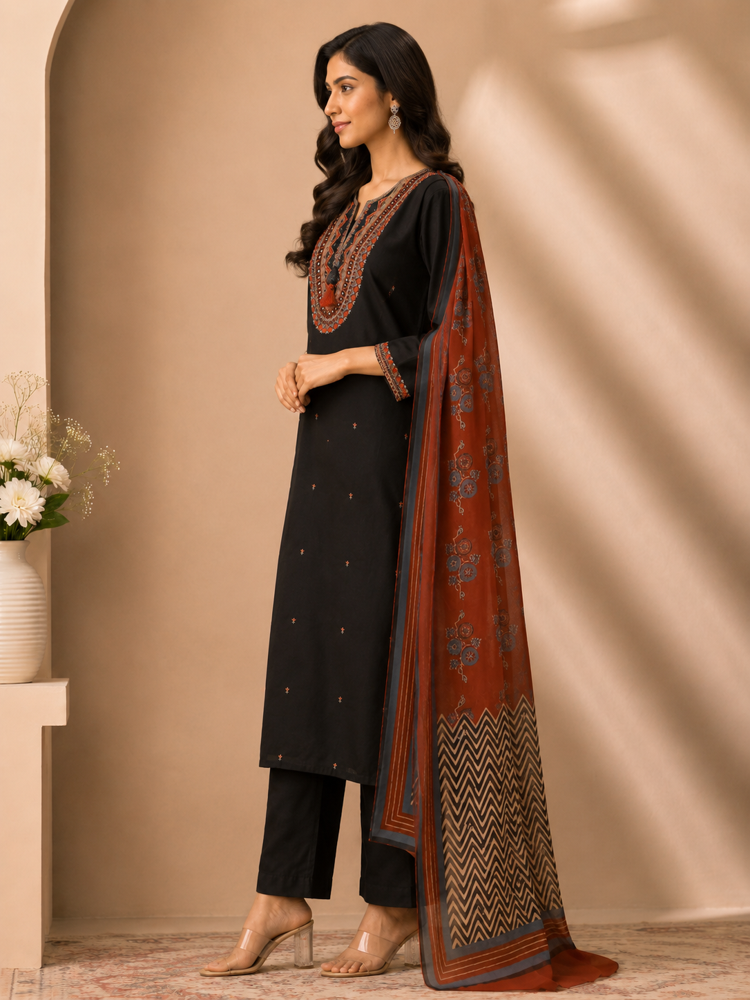 Side profile of Midnight Black Ethnic Embroidered Kurta Set showcasing detailed embroidery and rust printed dupatta