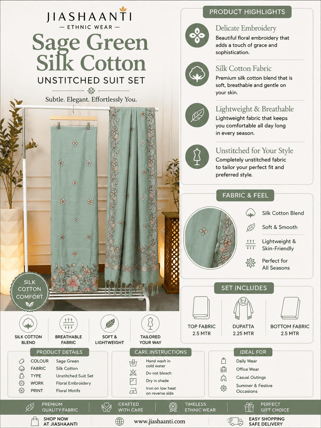 Sage Green Silk Cotton Unstitched Suit Set with Floral Embroidery and Matching Dupatta | Jiashaanti