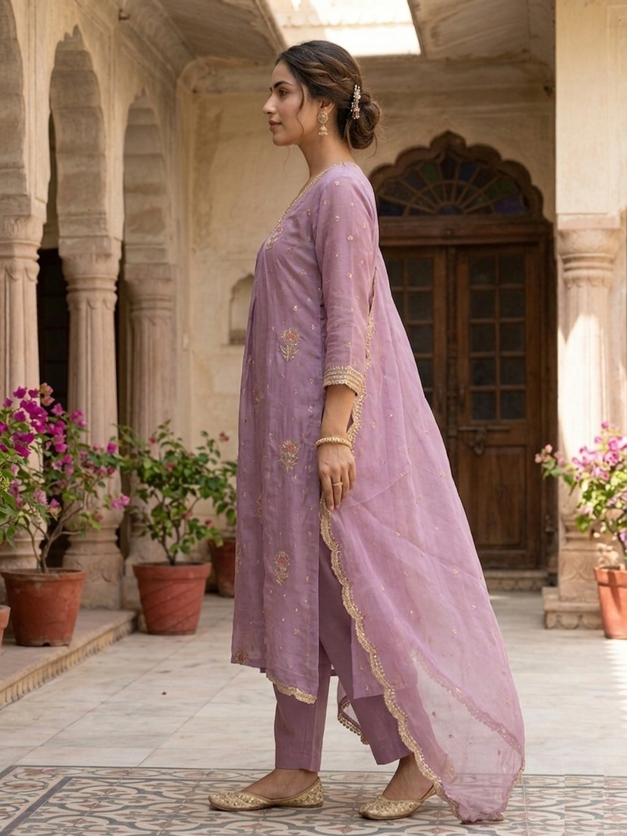 Floral Sequin Zari Chanderi Ensemble Suit Set Side View | Jiashaanti