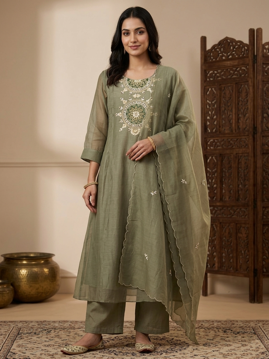 serene Cotton Mul Chanderi Ensemble Suit Set for  women -  Jiashaanti