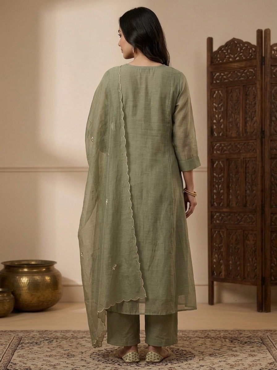 Serene Cotton Mul Chanderi Ensemble Suit Set Back View | Jiashaanti