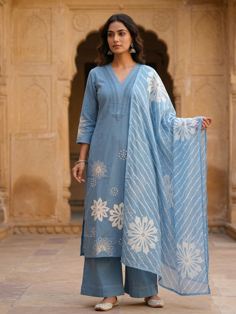 Sky Blue Cotton-Linen Pintuck Suit Set front view featuring elegant pintuck detailing, soft sky blue color and breathable cotton-linen fabric | Jiashaanti