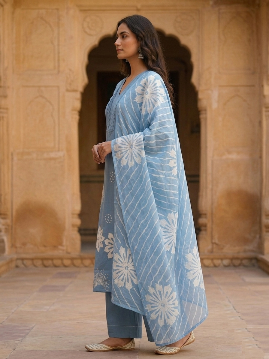 Sky Blue Cotton-Linen Pintuck Suit Set side view highlighting smooth pintuck drape, airy sky blue tone and premium cotton-linen blend fabric | Jiashaanti