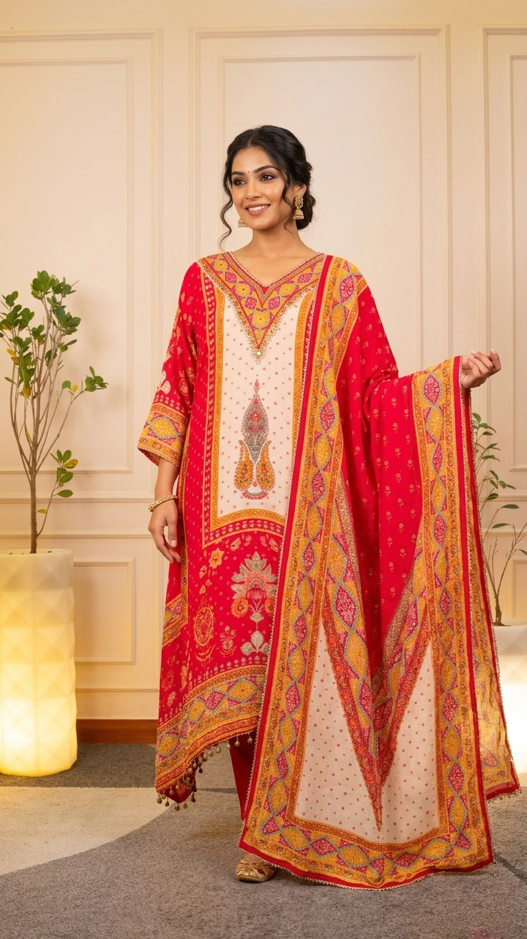 Striking Crimson and Golden Unstitched Suit Set front view featuring rich crimson color, golden detailing and elegant ethnic design