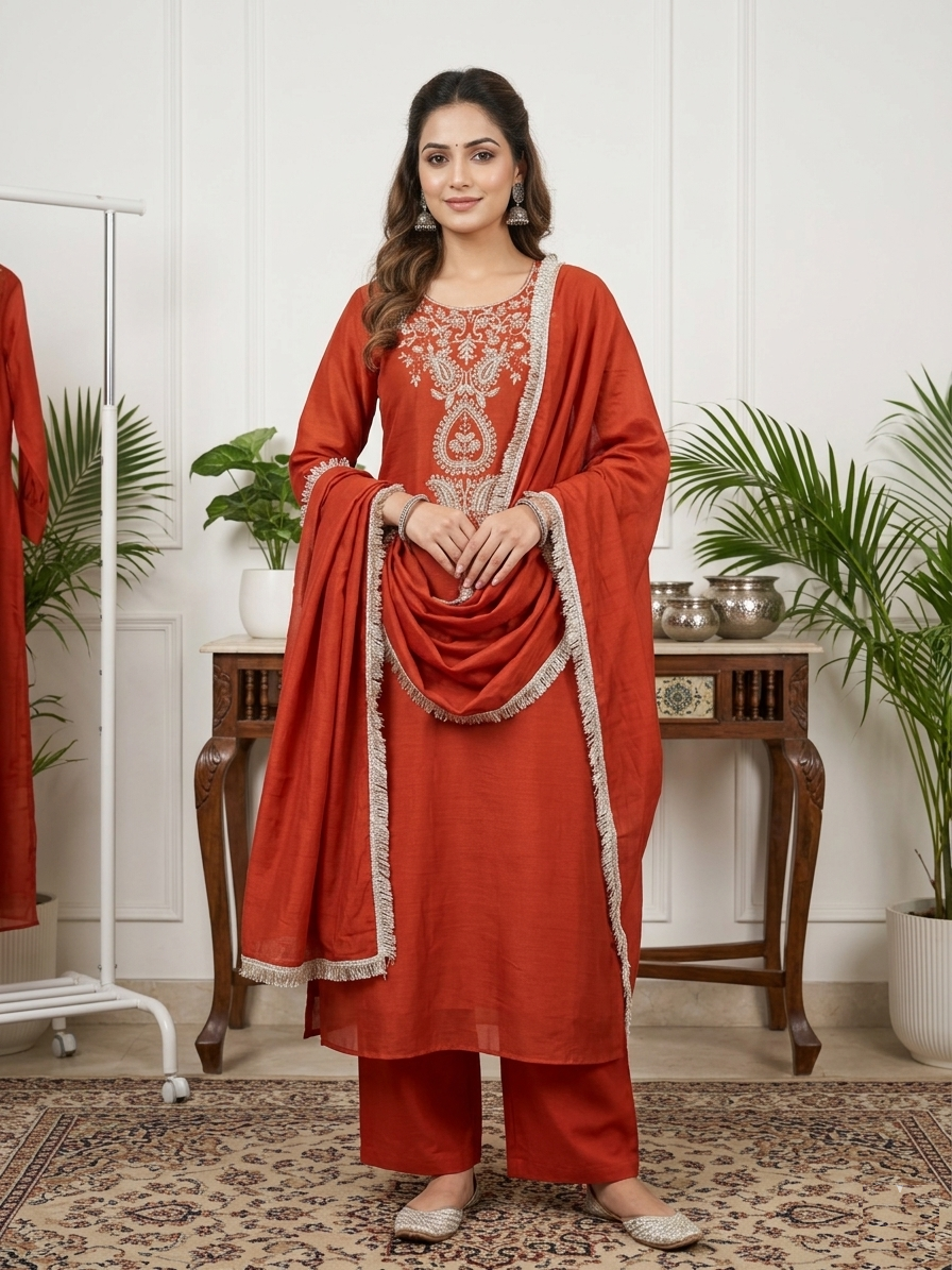 Sunkissed Heritage Amber Orange Stitched Suit Set front view featuring elegant embroidery, rich amber orange color and traditional ethnic design