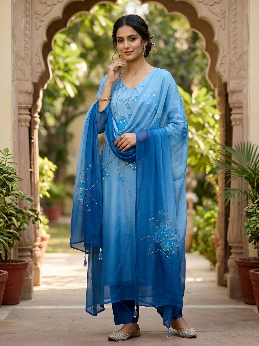 Tartan Blue Ombre Georgette Silk Suit Set – Festive Wear for Women | Jiashaanti