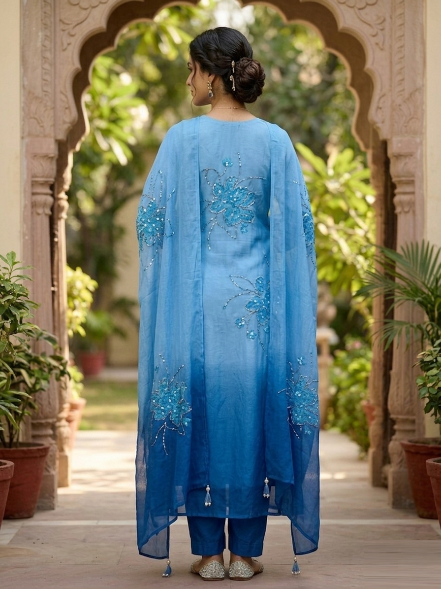 Tartan Blue Ombre Georgette Silk Ensemble Suit Set back view featuring smooth ombre transition, handcrafted embroidery and flowing georgette silk fabric