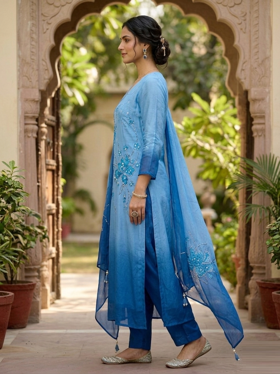 Azure Horizon Tartan Blue Ombre Georgette Silk Unstitched Suit Set with applique work and zari embroidery