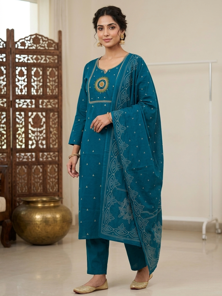 Teal Blue Cotton Mul Chanderi Ensemble Suit Set for women featuring lightweight fabric and elegant ethnic styling