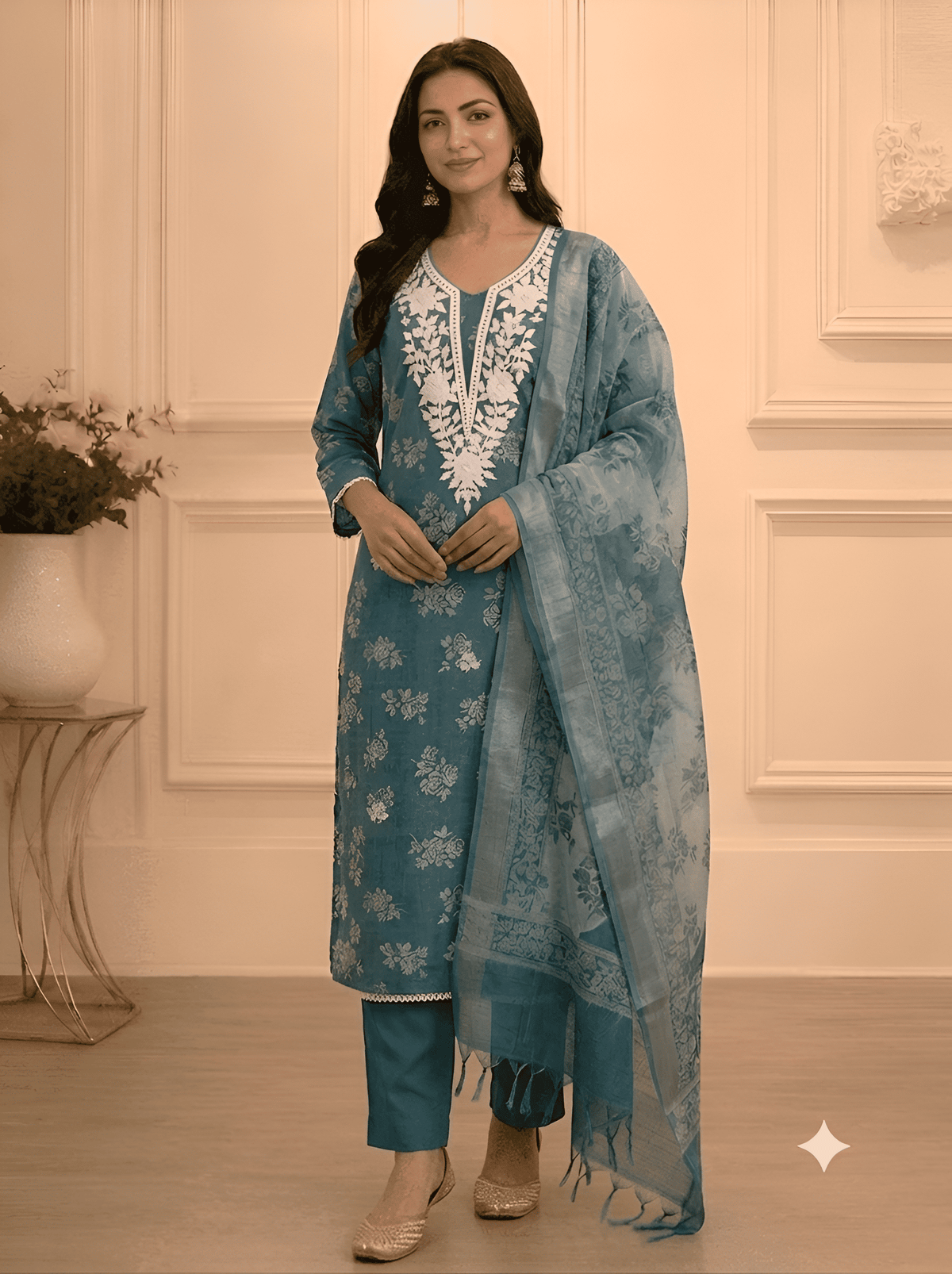 Teal Grey Cotton Embroidered Unstitched Suit Set – Front View – Jiashaanti
