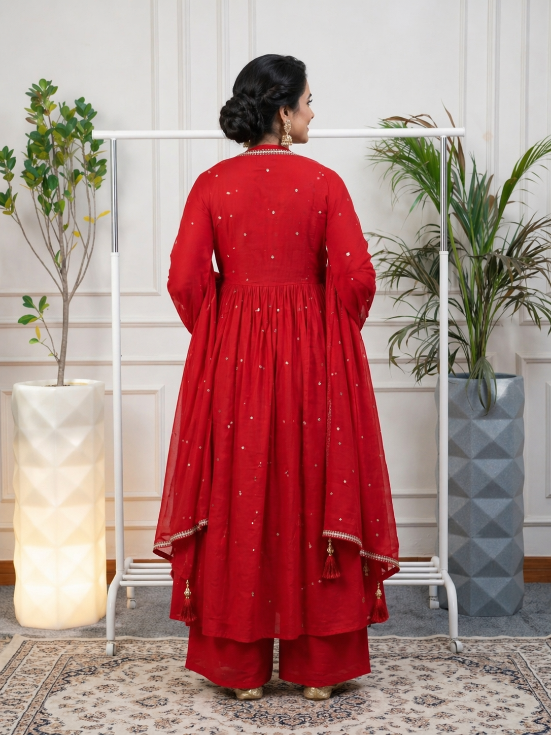 Ethereal Bloom Carmine Red Chanderi Stitched Suit Set back view highlighting premium Chanderi fabric, elegant drape and handcrafted detailing