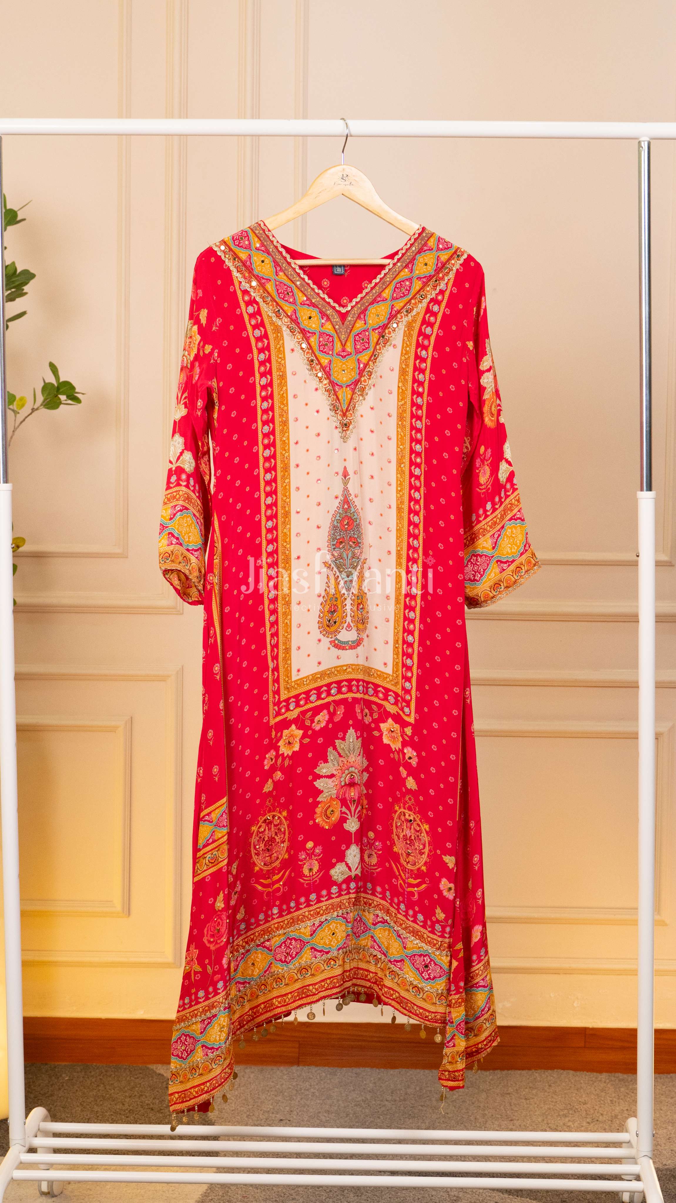 Striking Crimson and Golden Unstitched Suit Set front view featuring rich crimson color, golden detailing and elegant ethnic design