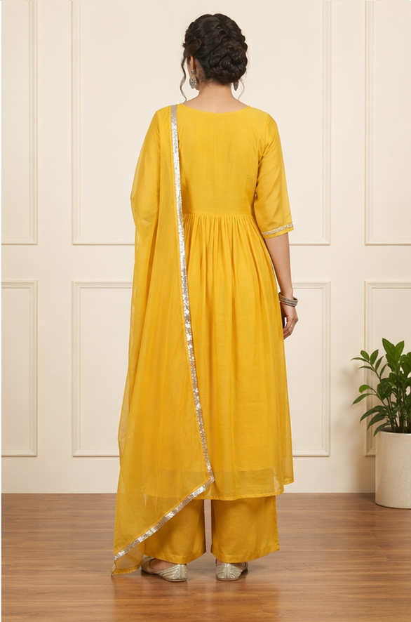 Haldi Yellow Mul Chanderi Suit Set back view highlighting premium Mul Chanderi fabric, handcrafted work and elegant silhouette