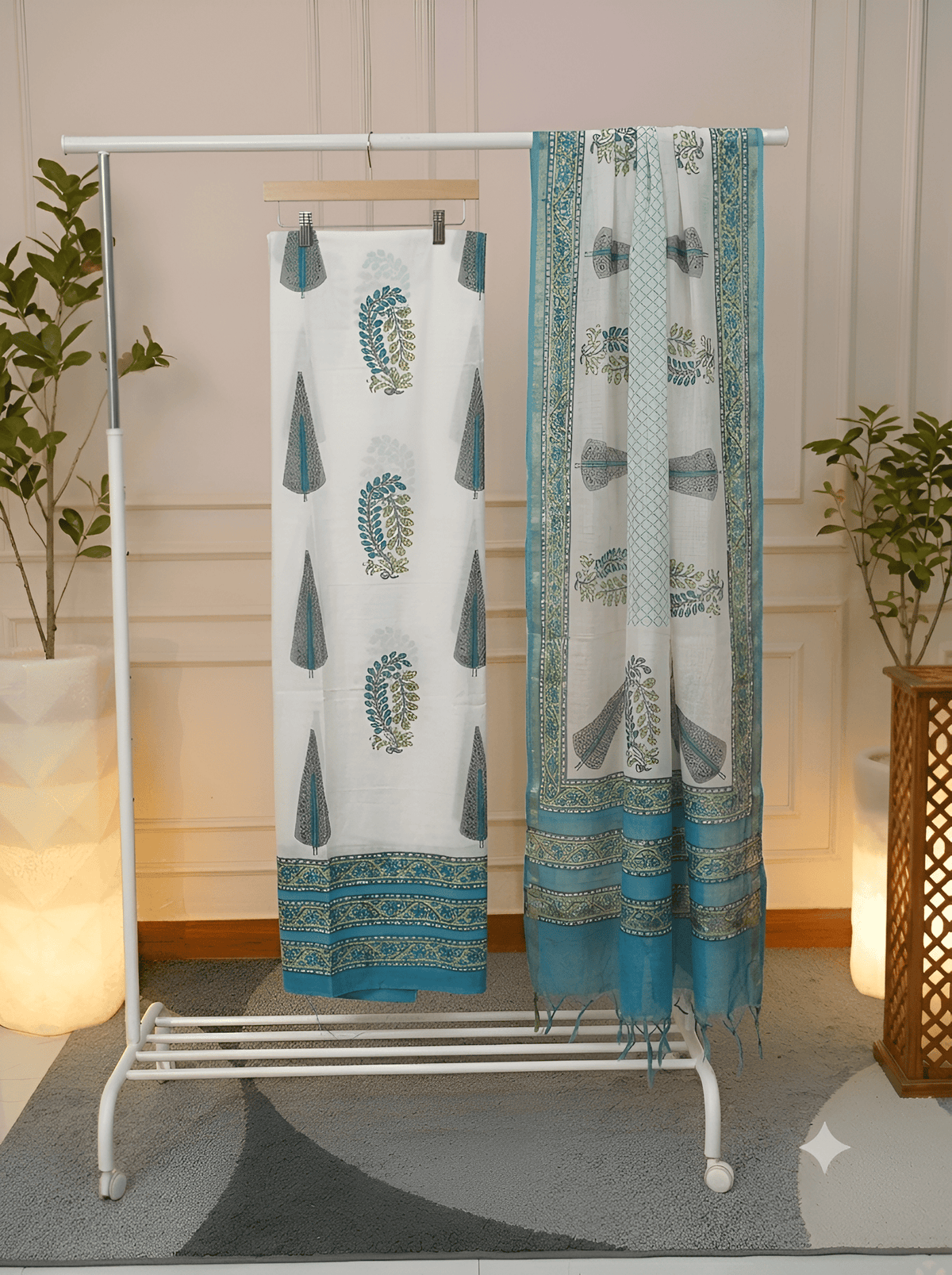 Turquoise Booti Cotton Unstitched Suit Set with Botanical Print
