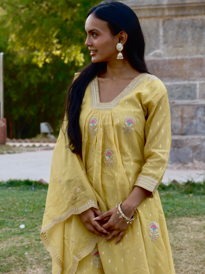 Yellow Floral Sequin & Zari Chanderi Ensemble Suit Set