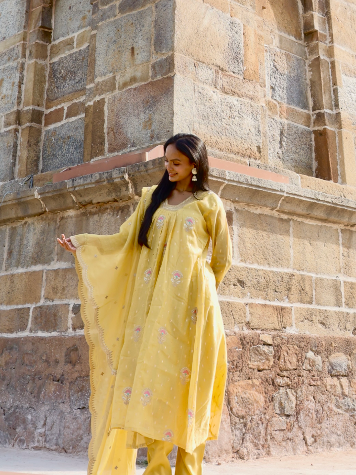 Yellow Floral Sequin & Zari Chanderi Ensemble Suit Set