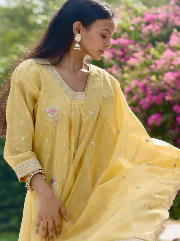 Yellow Floral Sequin & Zari Chanderi Ensemble Suit Set