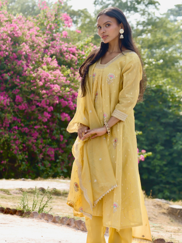 Yellow Floral Sequin & Zari Chanderi Ensemble Suit Set