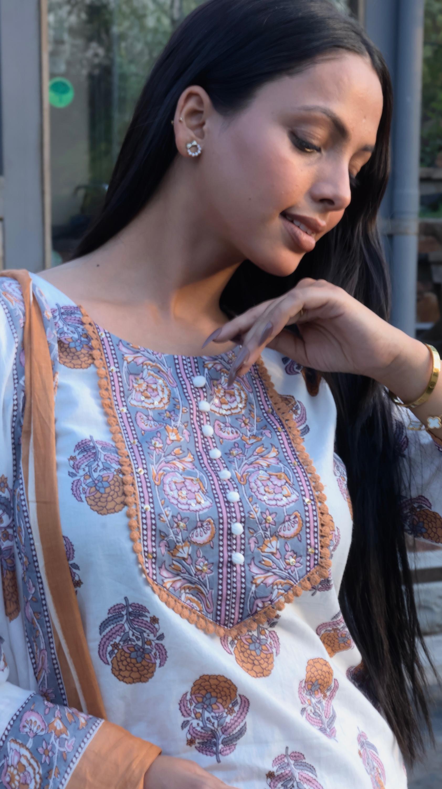 Lavender & Ochre Block-Printed Cotton Suit Set