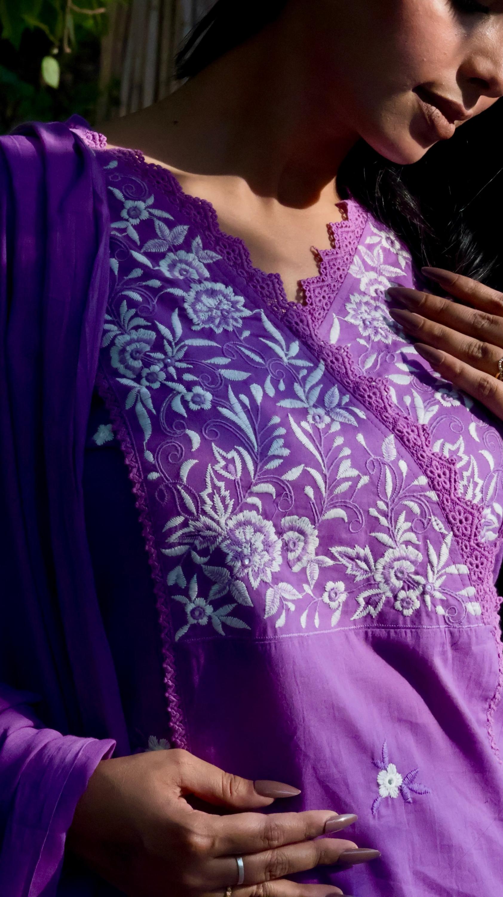 Purple Chikankari-Inspired Embroidered Suit Set