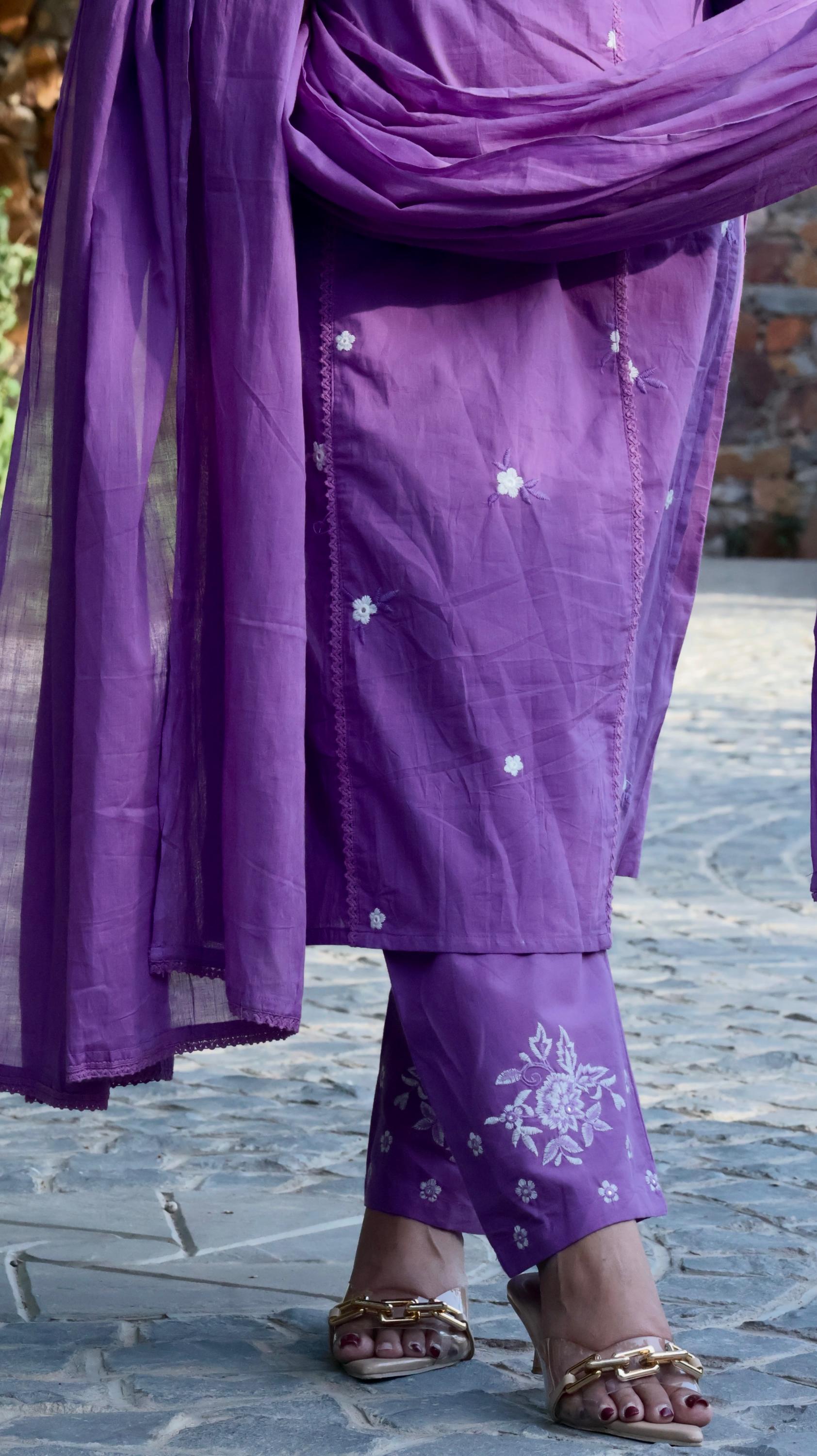 Purple Chikankari-Inspired Embroidered Suit Set