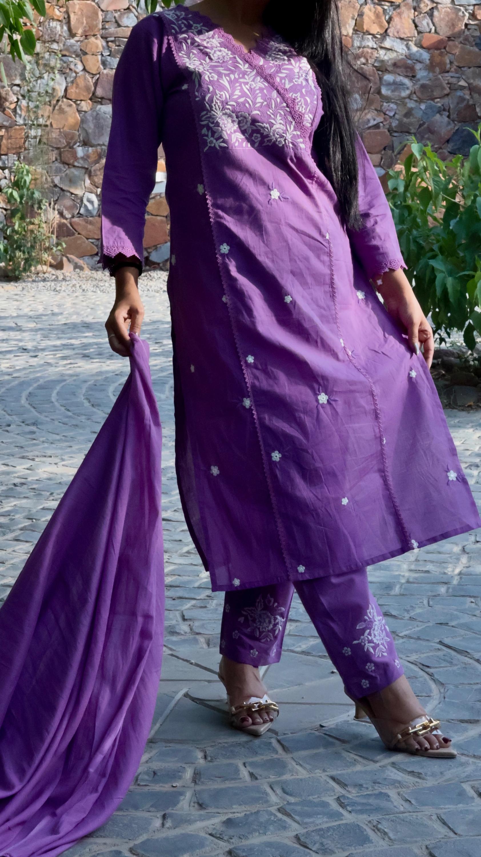 Purple Chikankari-Inspired Embroidered Suit Set