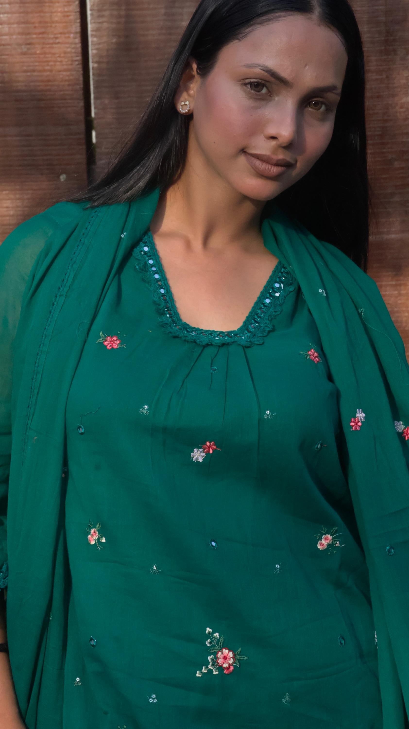 Forest Green Embroidered Pleated Circular Cotton suit set