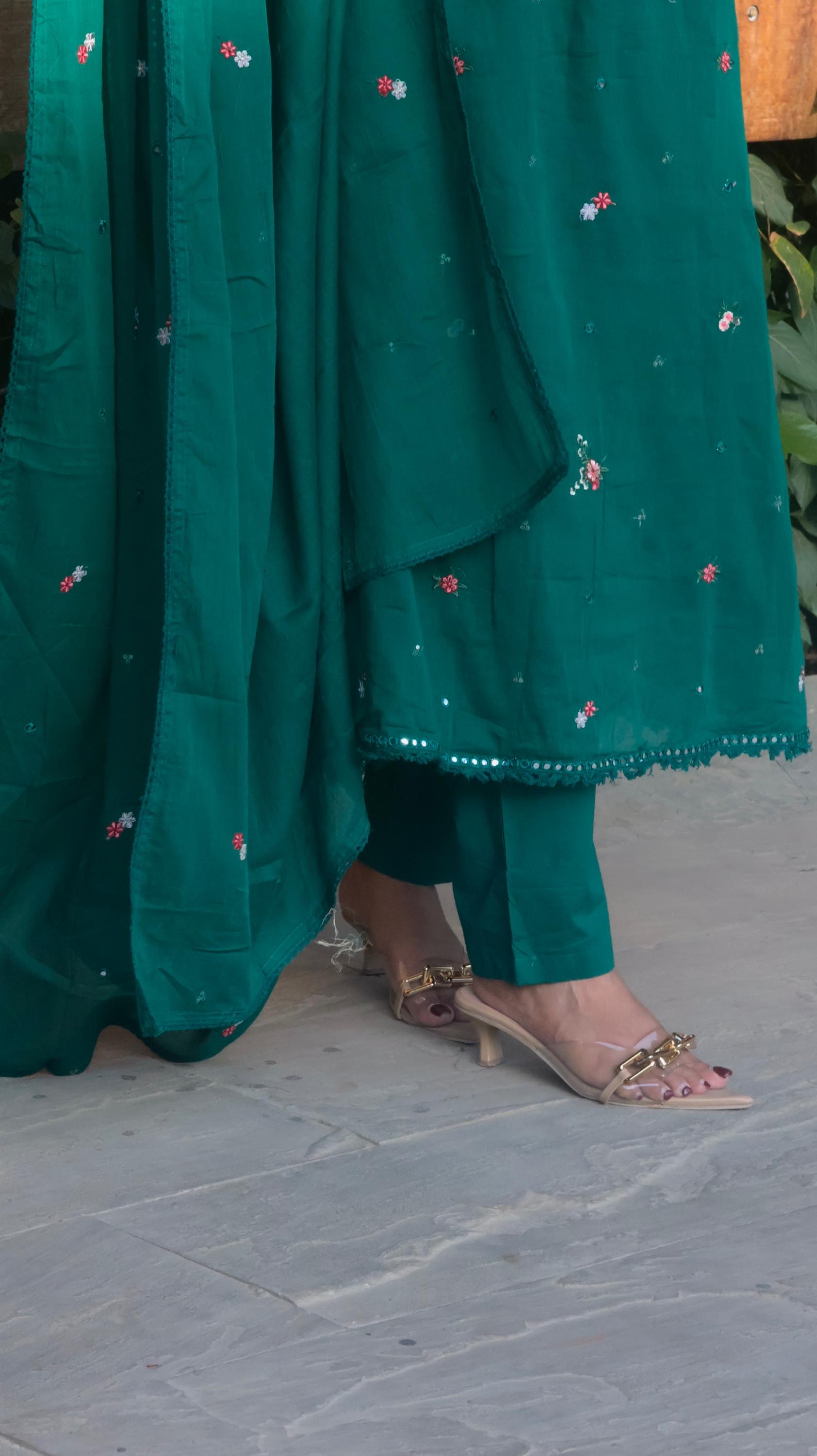 Forest Green Embroidered Pleated Circular Cotton suit set