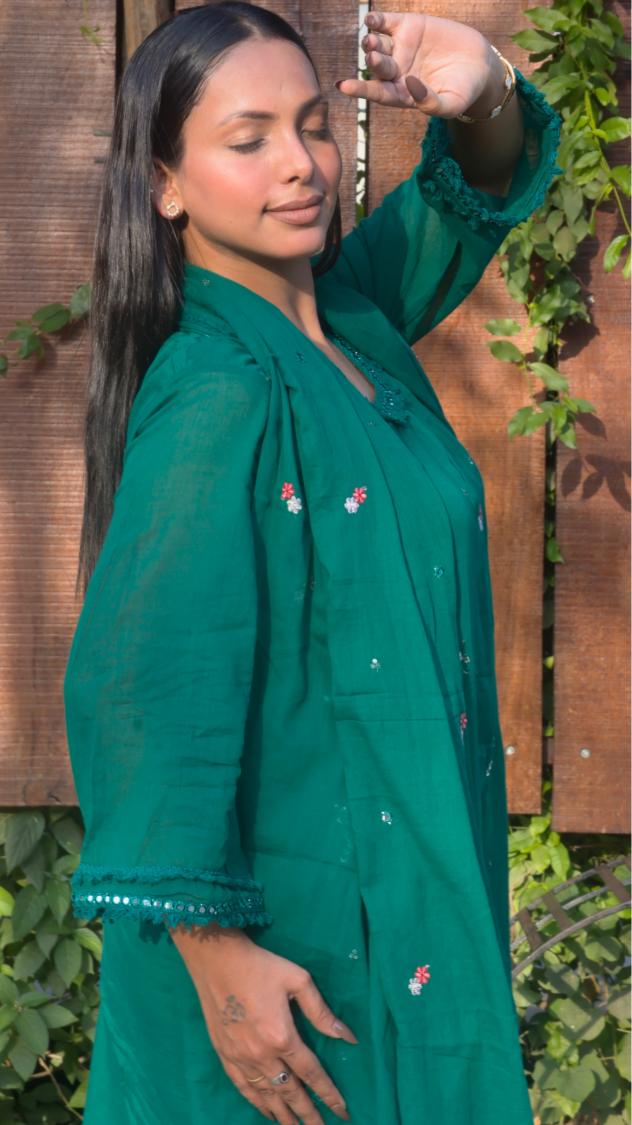 Forest Green Embroidered Pleated Circular Cotton suit set