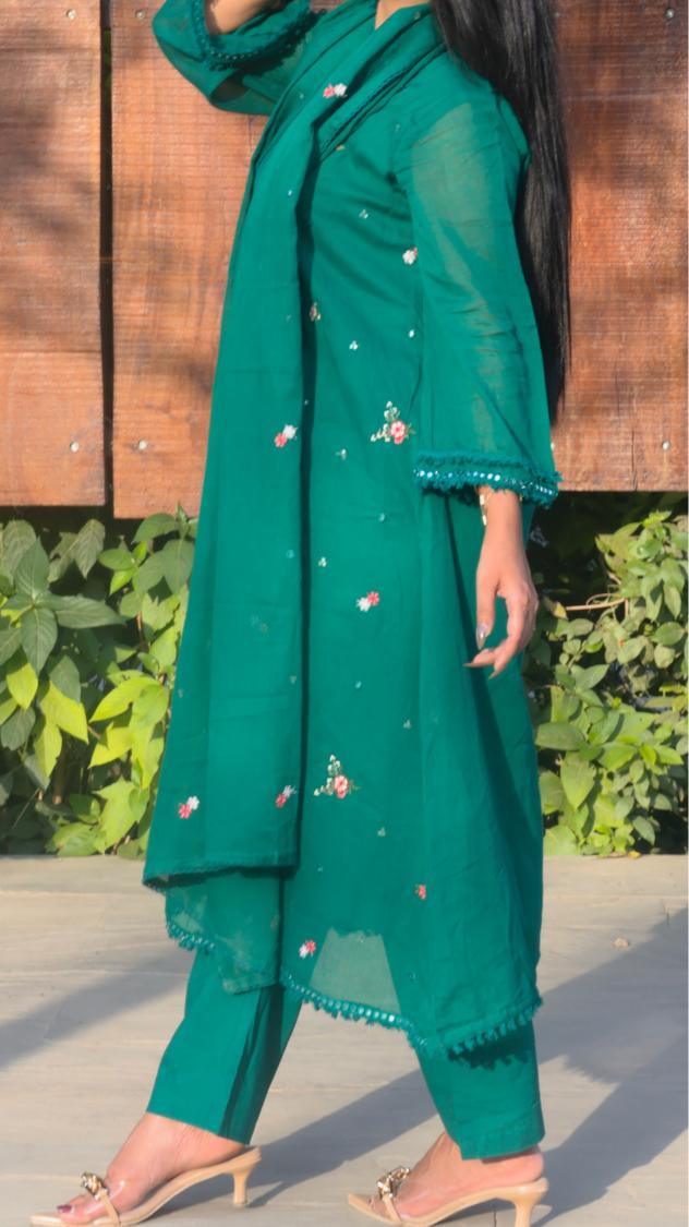 Forest Green Embroidered Pleated Circular Cotton suit set