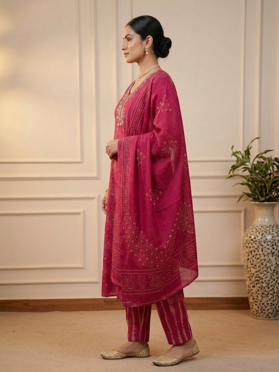 Vibrant Bloom Bandhni salwar suit set — full length side view showing stitched silhouette, flowing dupatta and traditional Rajasthani tie-dye pattern