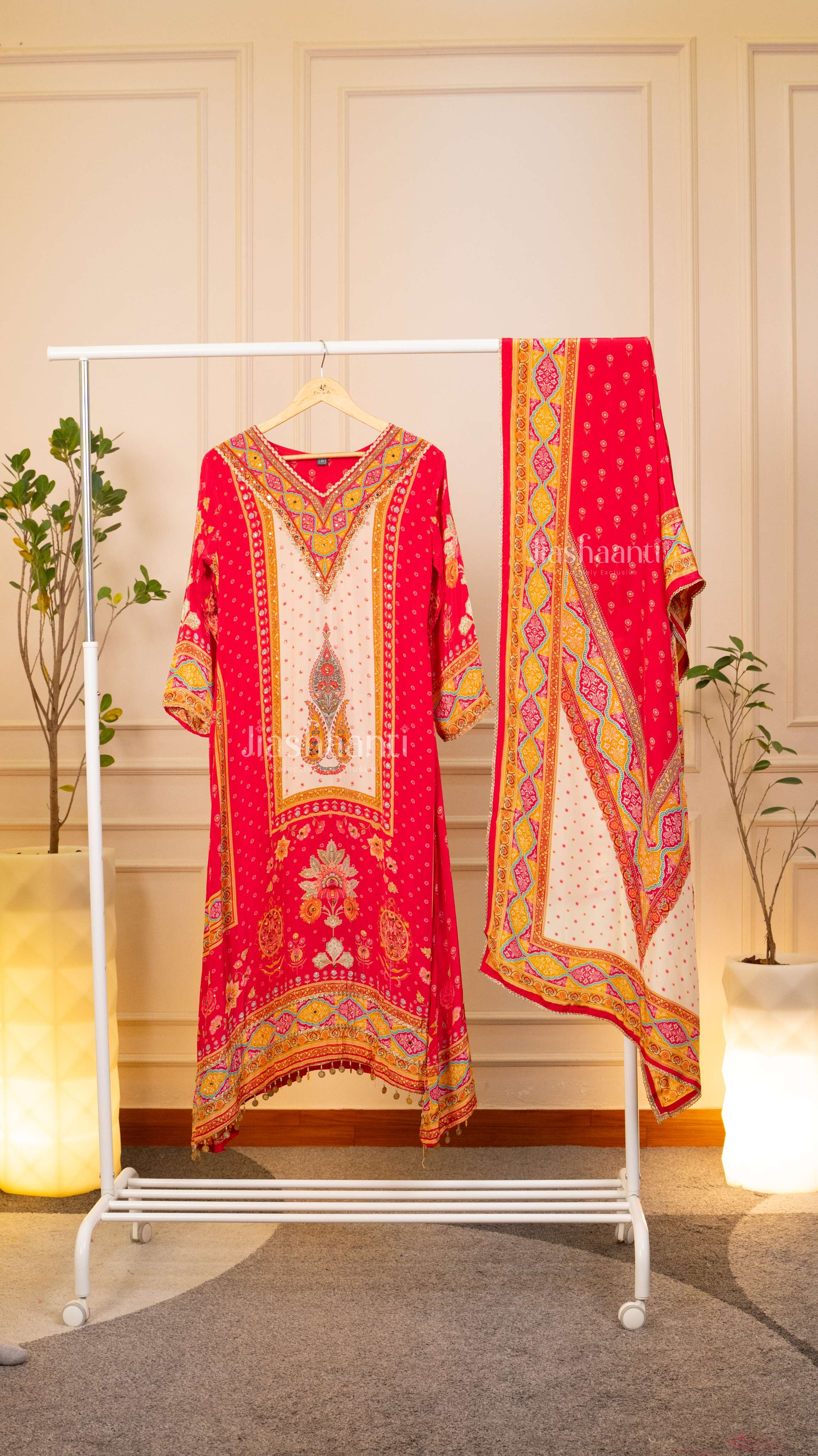 Striking Crimson & Golden Embroidered Unstitched Suit Set for Women