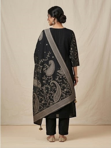 Exquisite Black Stitched Suit Set back view highlighting intricate detailing, elegant drape and premium stitched finish