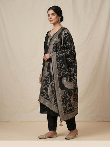 Exquisite Black Stitched Suit Set side view showcasing graceful silhouette, detailed craftsmanship and timeless black color